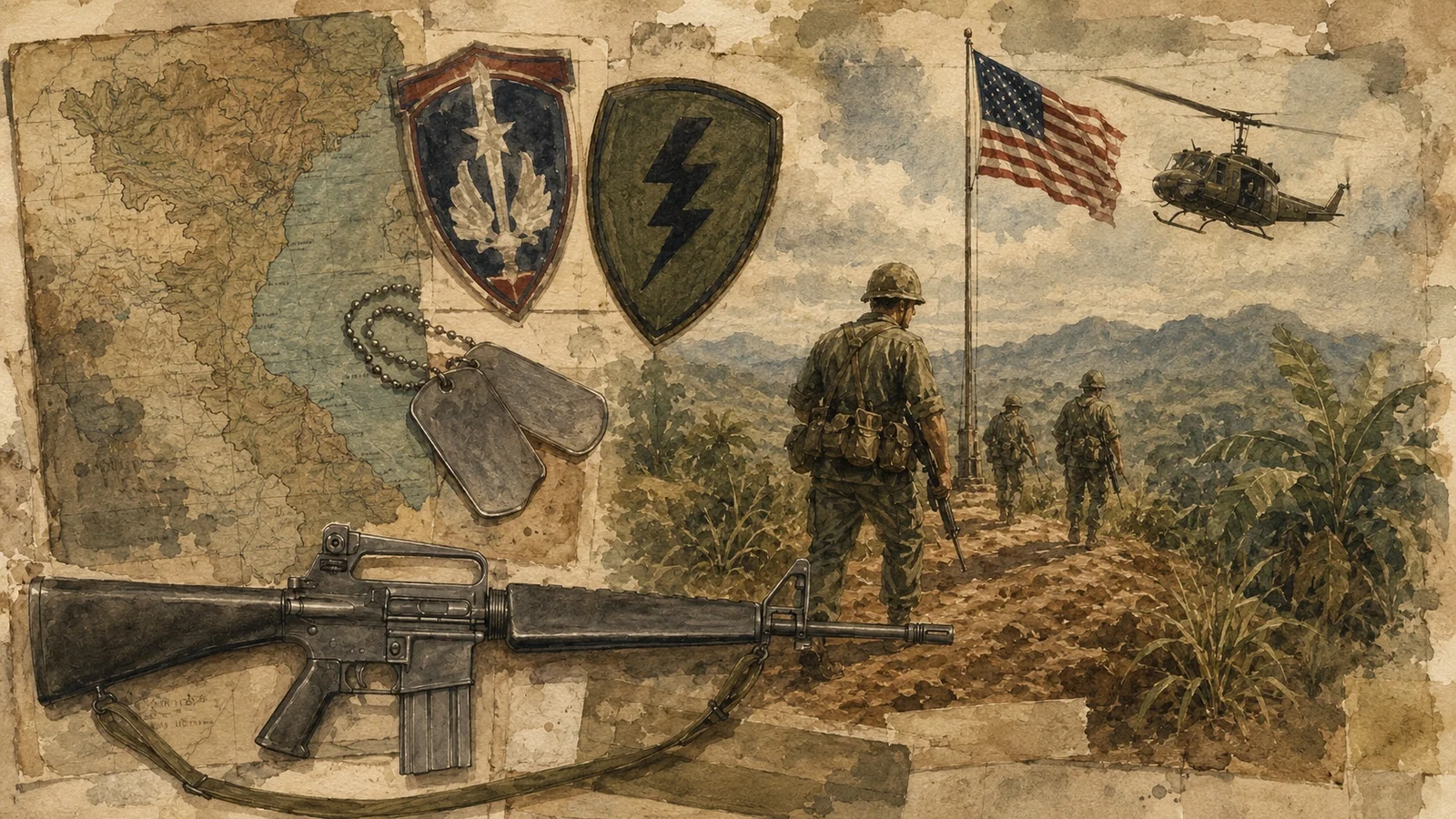 A soldier facing a road through Vietnam beneath unit patches, maps, and helicopters
