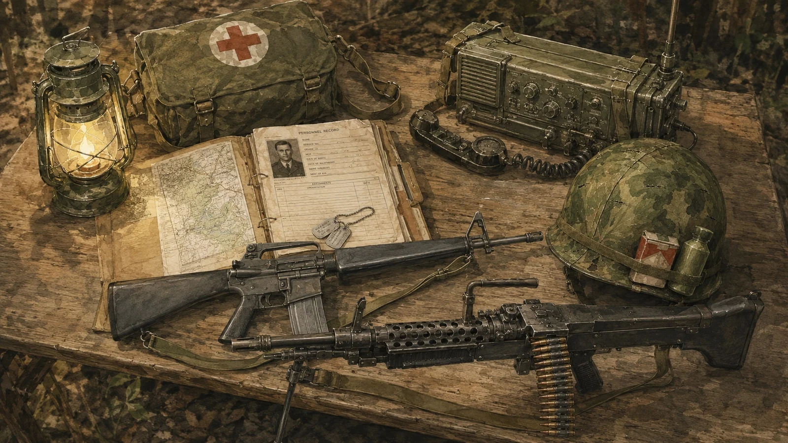 A field desk arranged with a service record, rifle, radio, helmet, map, and medical kit