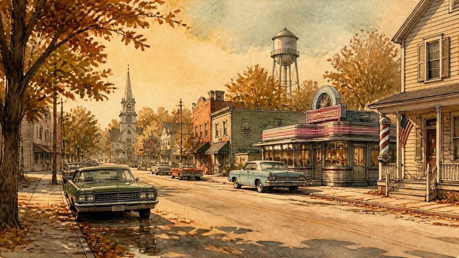 A quiet American hometown street in autumn with a recruiting station beside a diner