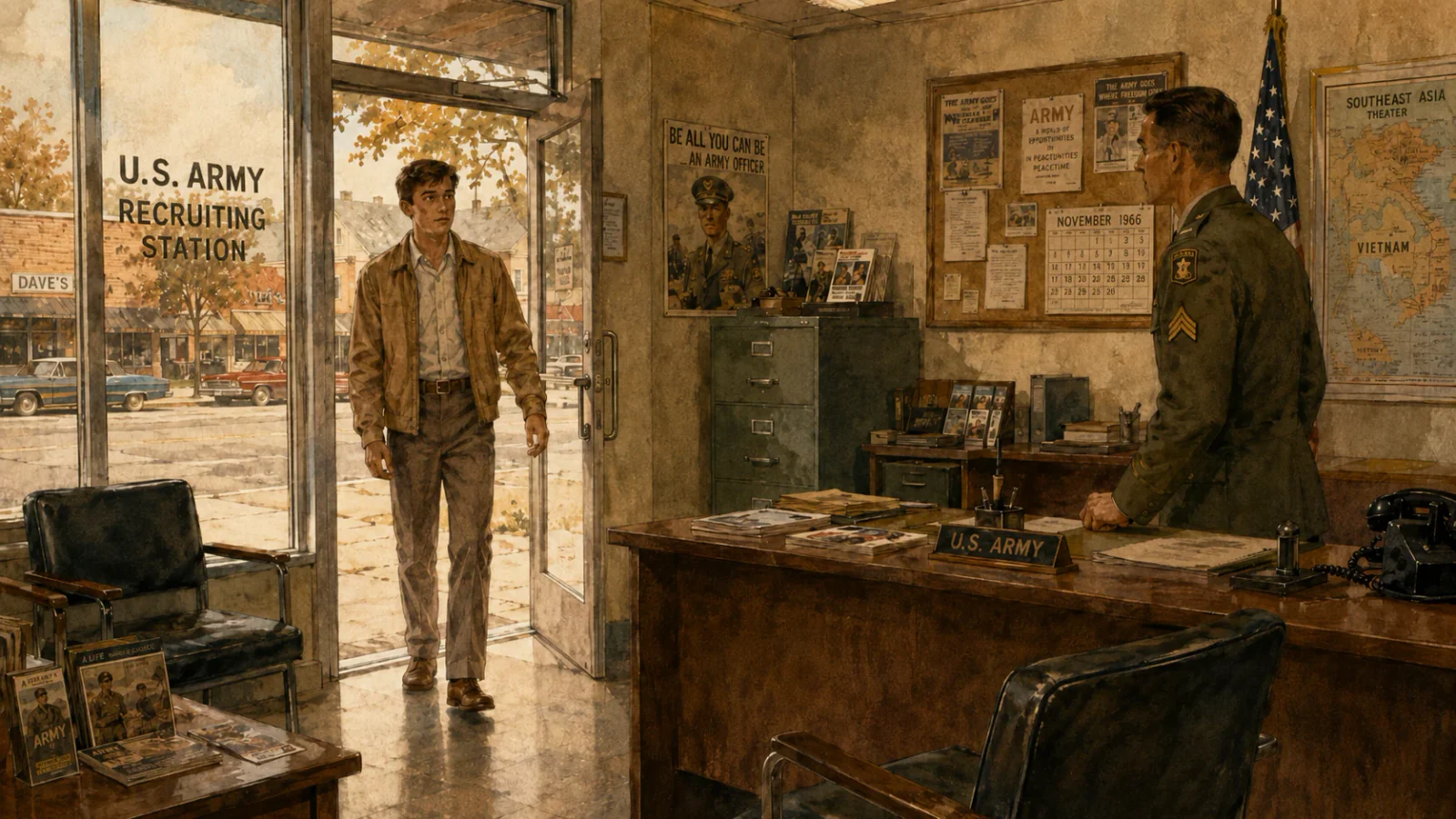 A young man entering a 1960s Army recruiting office and meeting a sergeant