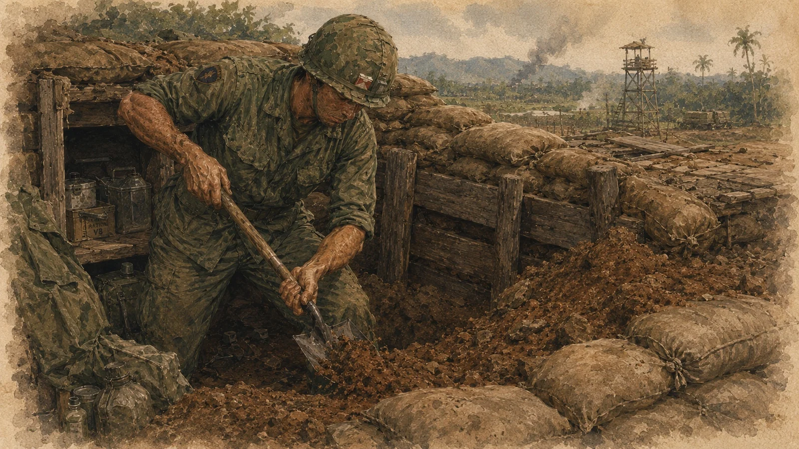 An infantry rifleman resting behind sandbags with his weapon close at hand