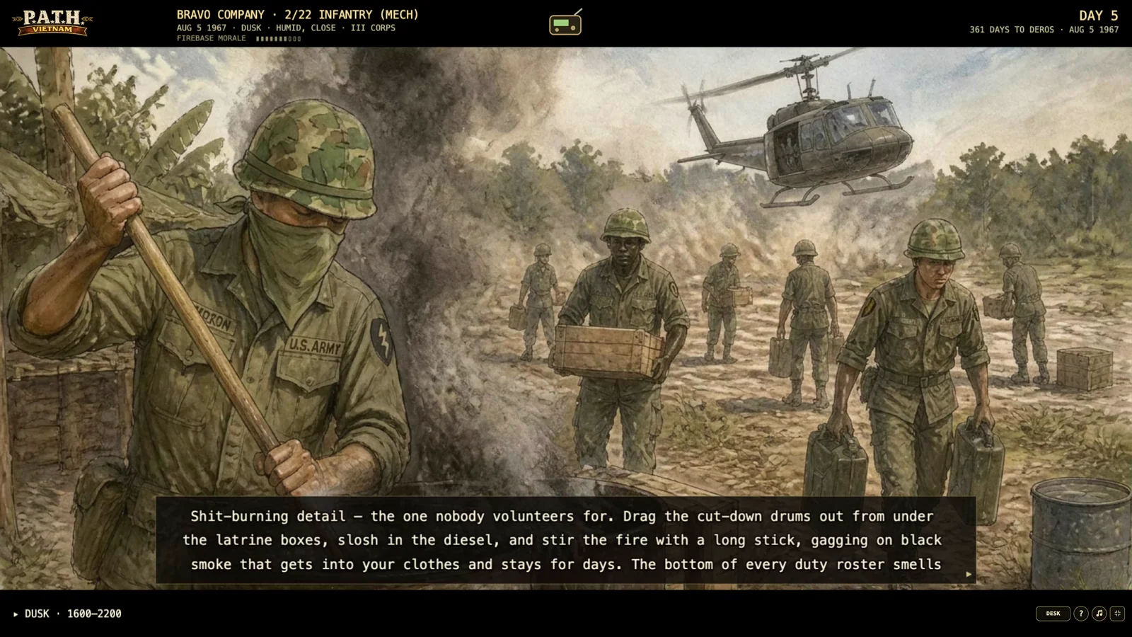 A daily game scene showing soldiers on a burning detail with narrative choices below