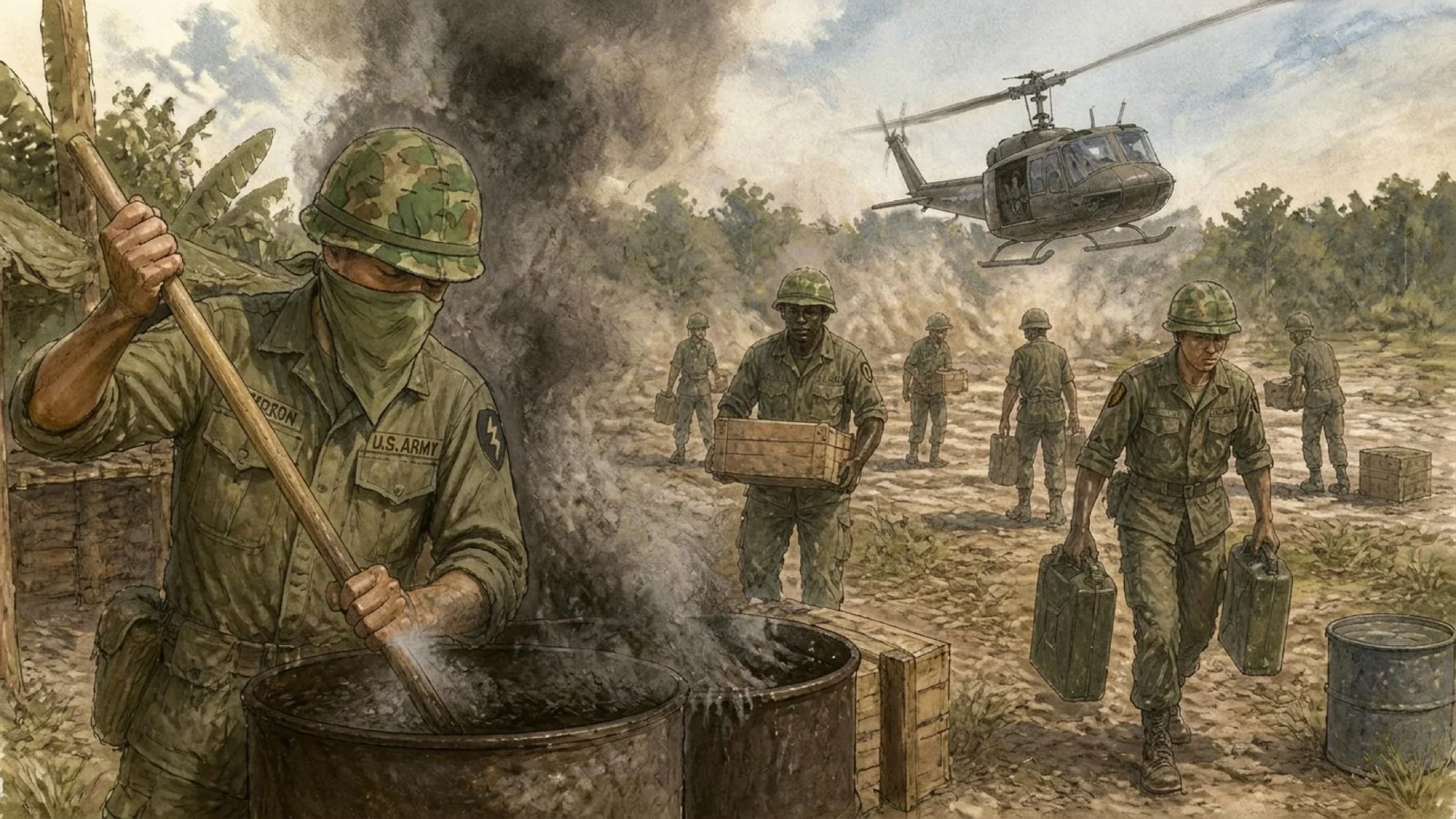 Soldiers carrying out a dirty camp work detail while a helicopter passes overhead