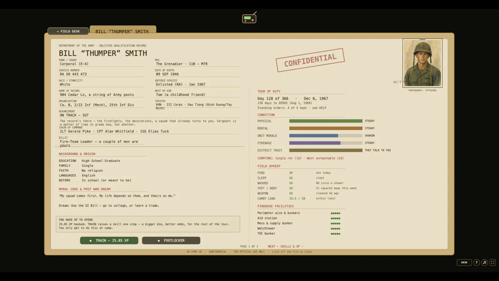 A complete in-game service record showing a soldier portrait, identity, tour dates, condition, and skills