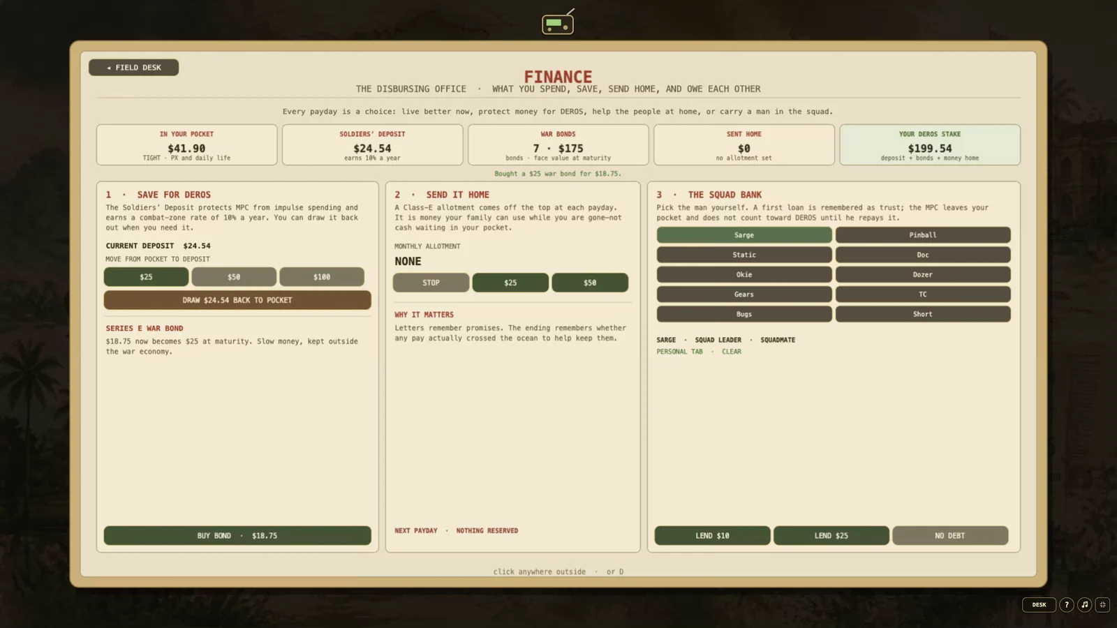 The Finance screen showing pocket money, savings, money sent home, and the squad bank