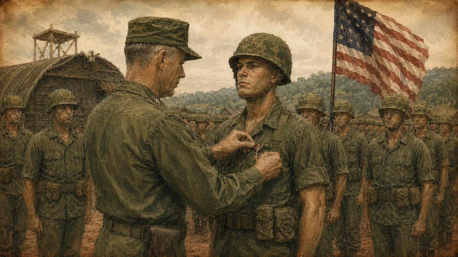 A soldier receiving a medal at formation while his unit stands behind him
