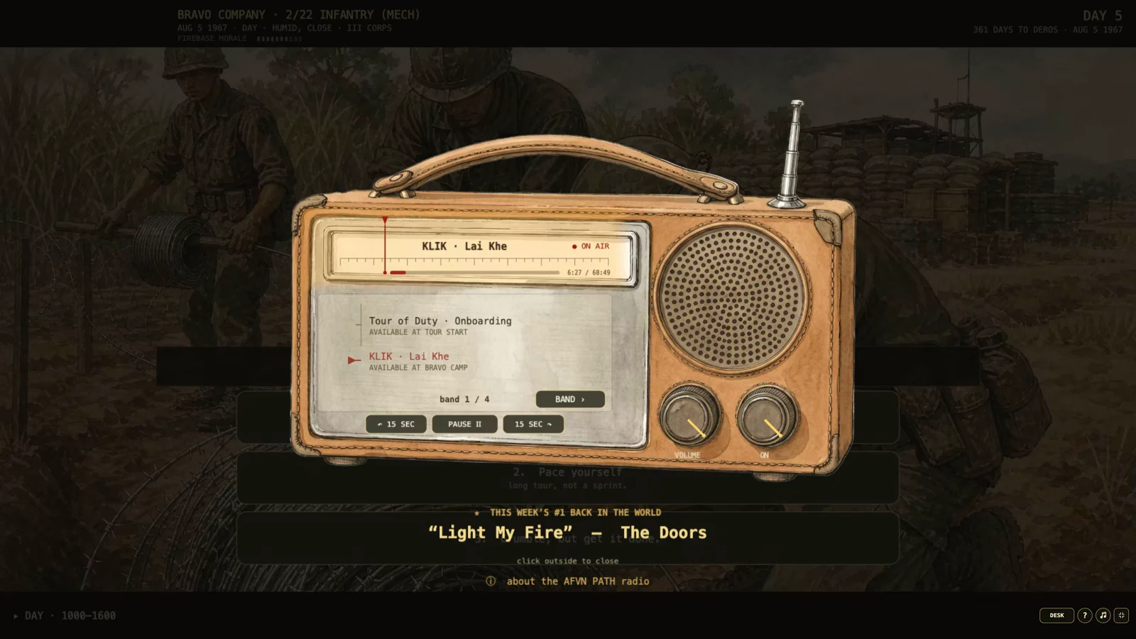 The in-game field radio tuned to KLIK Lai Khe with programme and playback controls