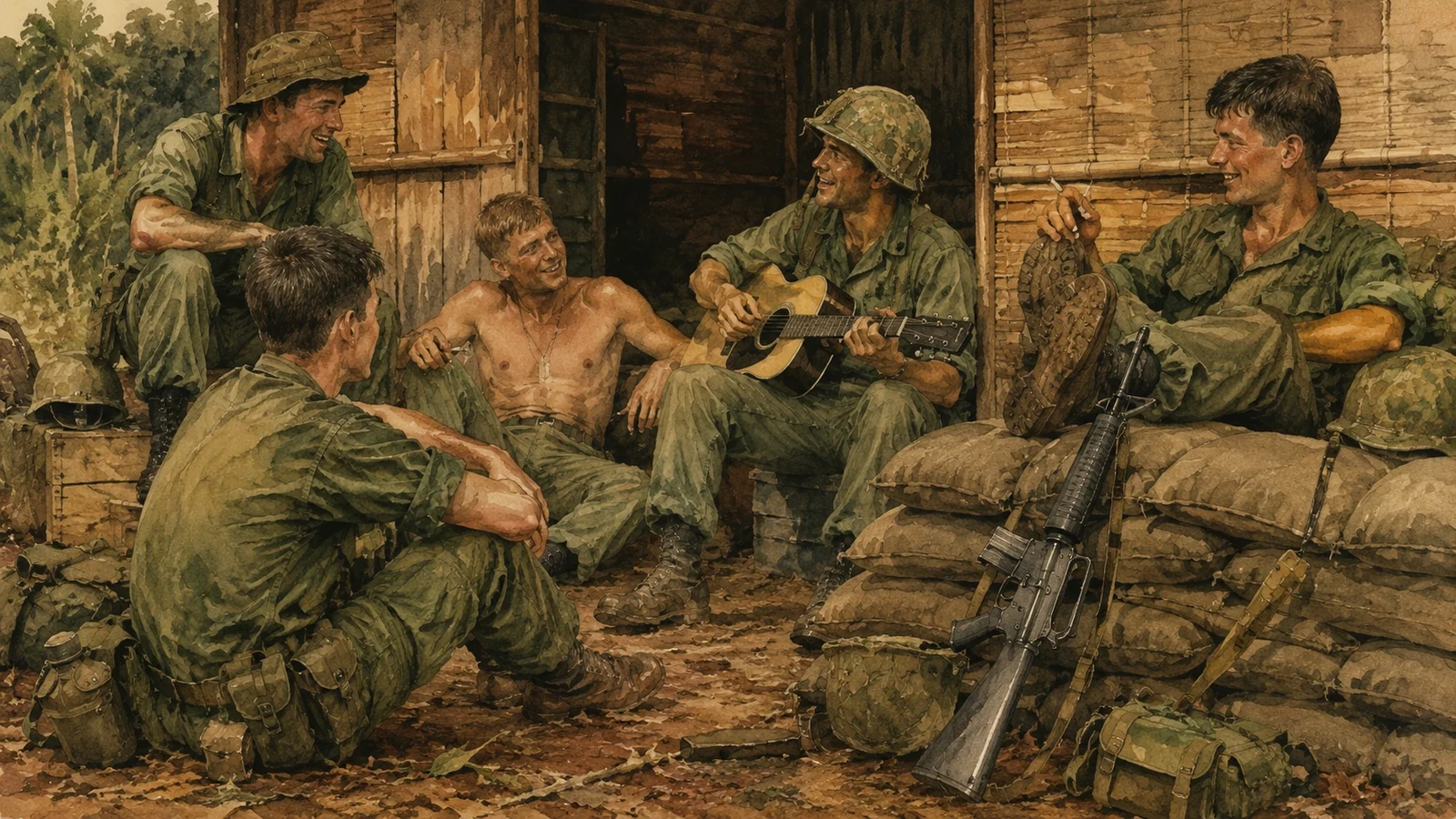 A squad sharing a quiet musical moment together outside their hooch