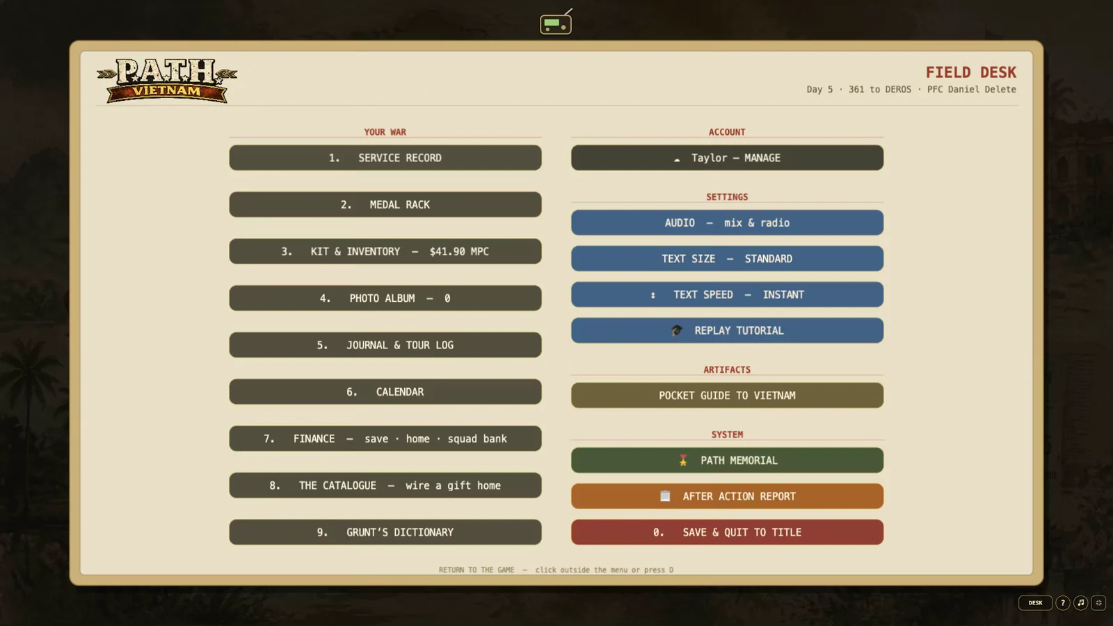 The current Field Desk menu showing records, settings, artifacts, reporting, and save controls