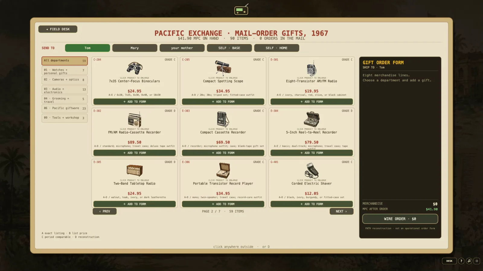 The reconstructed 1967 PACEX mail-order catalogue open to radios, recorders, cameras, and optical goods