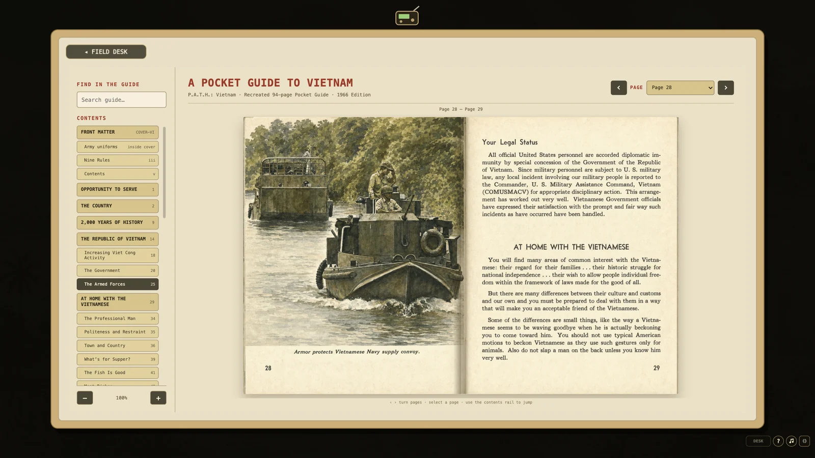 The recreated Pocket Guide to Vietnam open inside the Field Desk reader