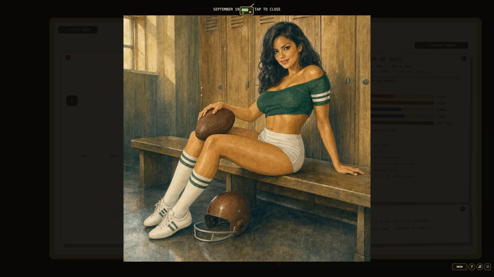 An original September pin-up opened over the soldier's tour calendar