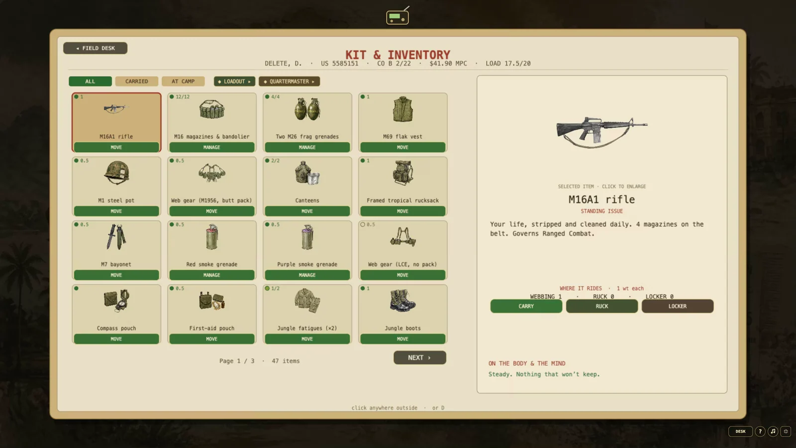 The visual Kit and Inventory screen showing a soldier's illustrated equipment