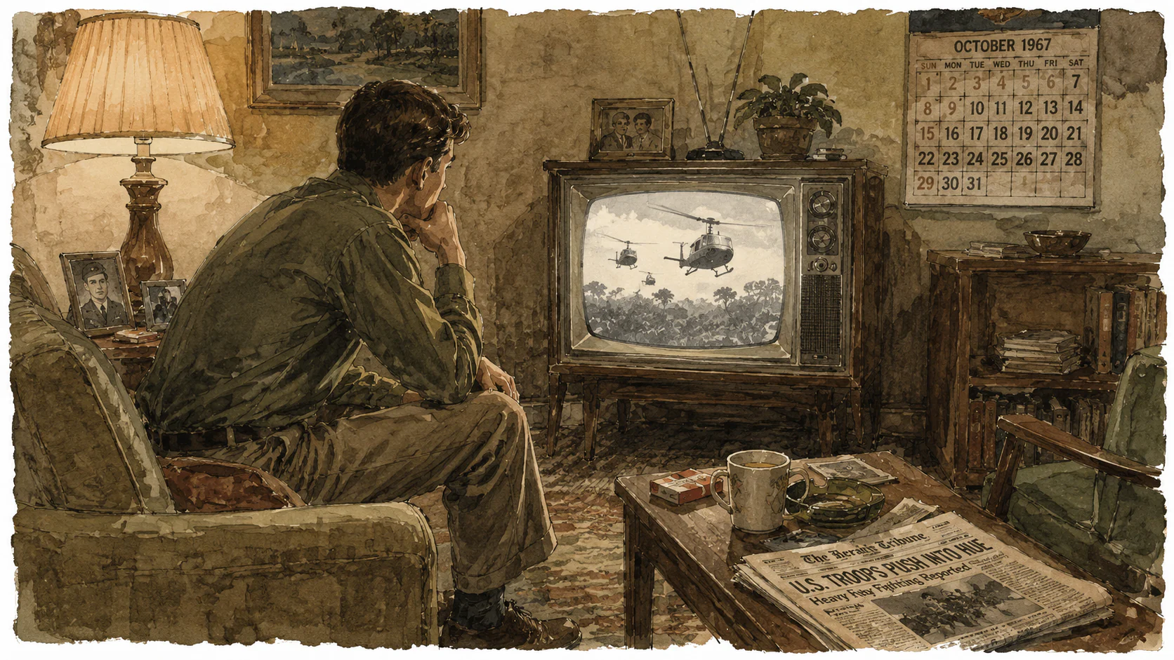 A soldier at home watching television coverage of the war in the illustrated onboarding