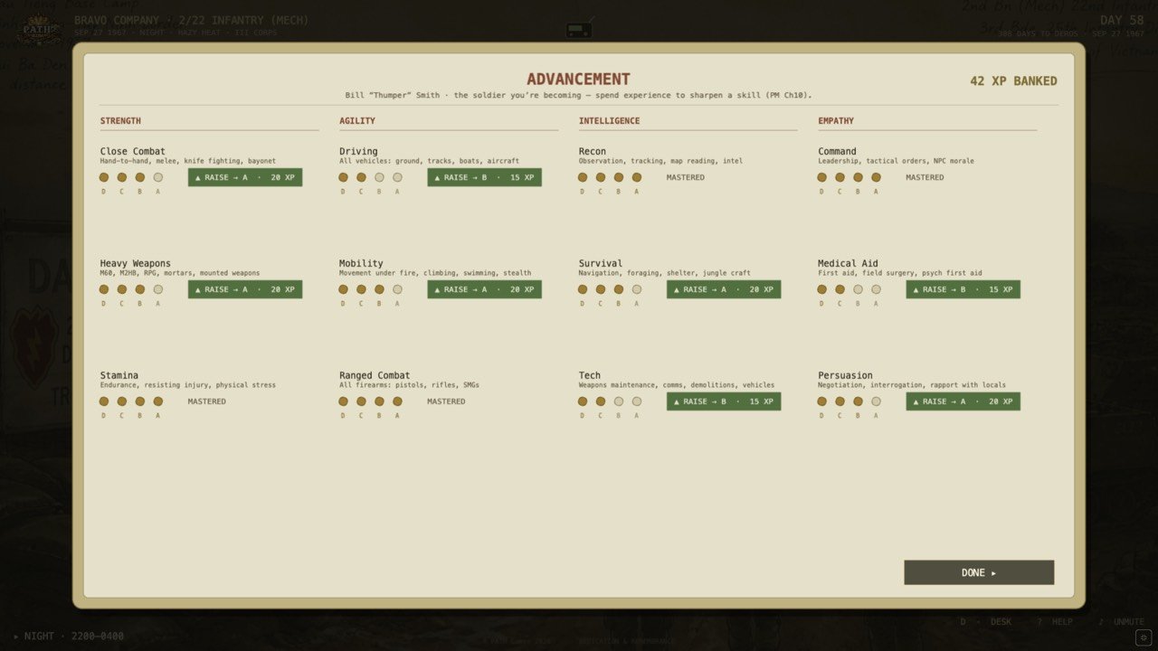 The Advancement board showing banked XP and twelve trainable skills