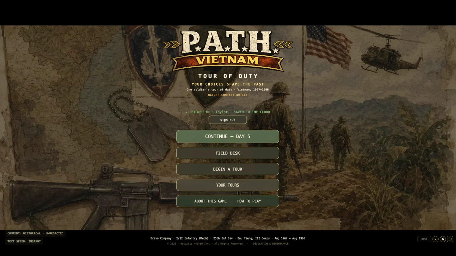 The P.A.T.H. Vietnam title screen with choices to continue or open saved tours