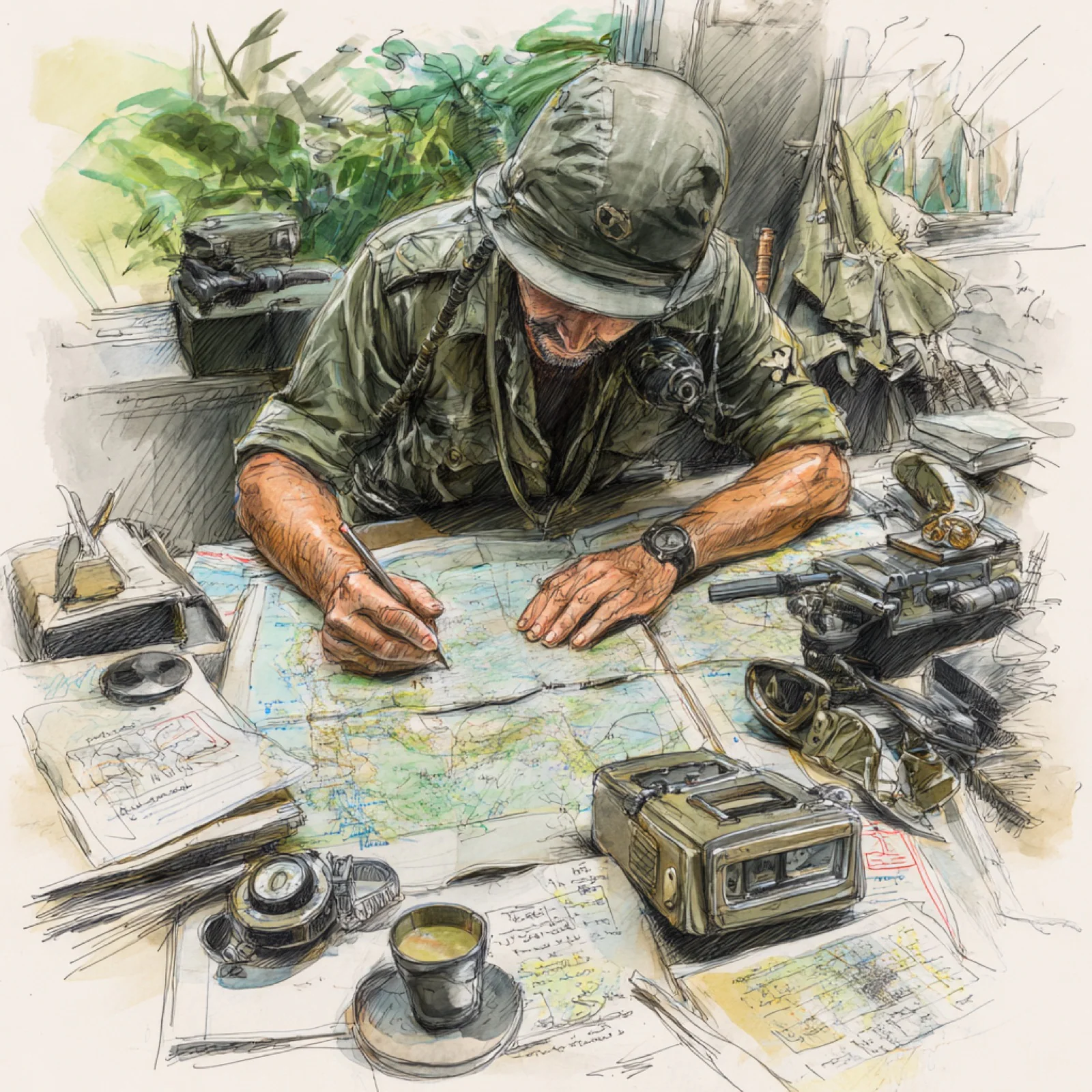 An early illustrated planning table is filled with maps, notes and field equipment