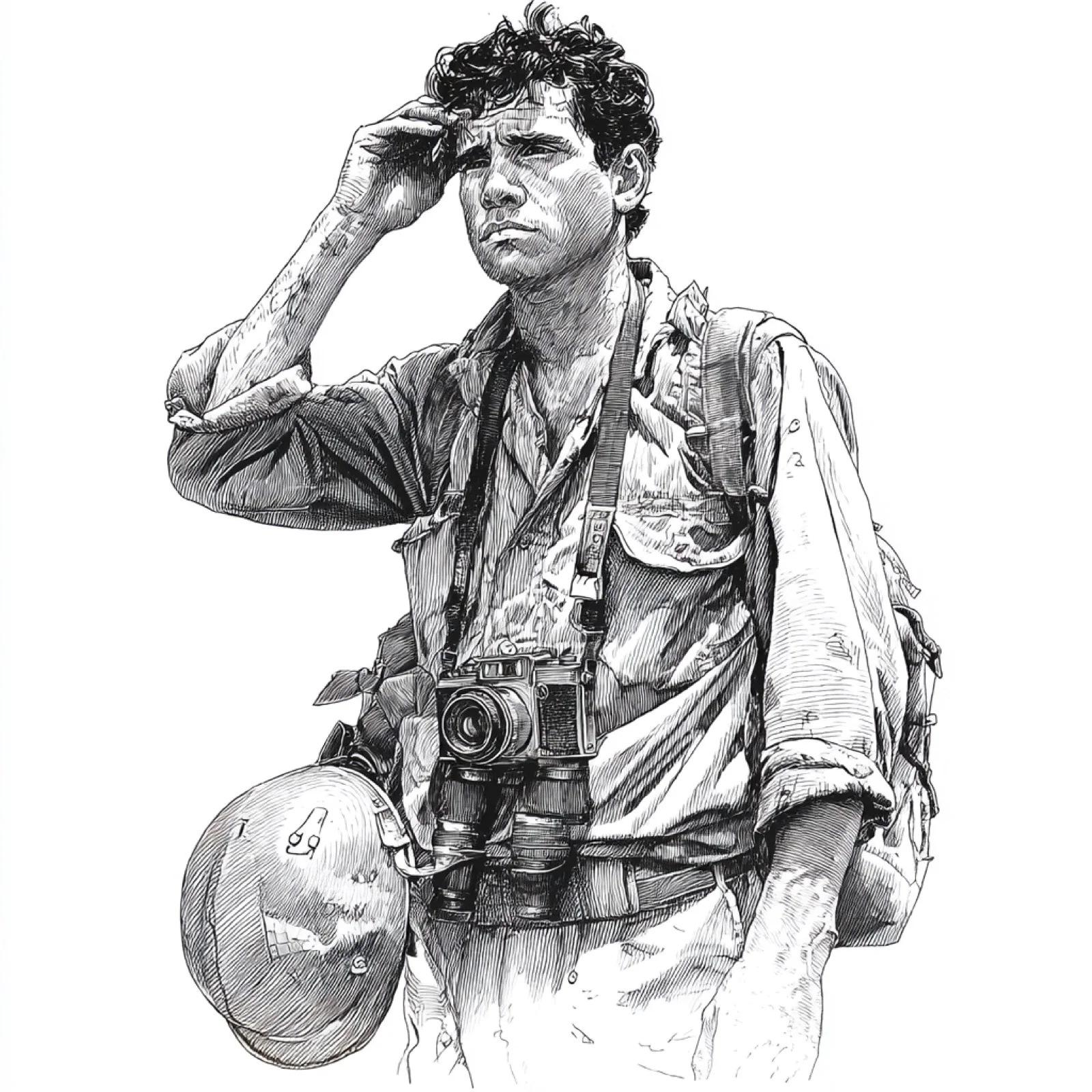 An early monochrome concept of a 1967 correspondent working with a camera