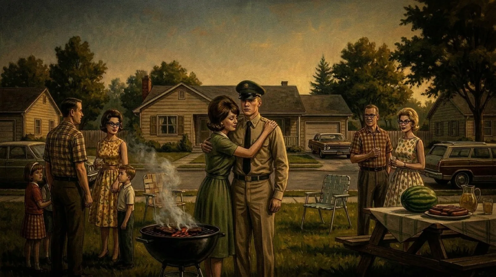 A soldier says goodbye before deployment while transport waits nearby