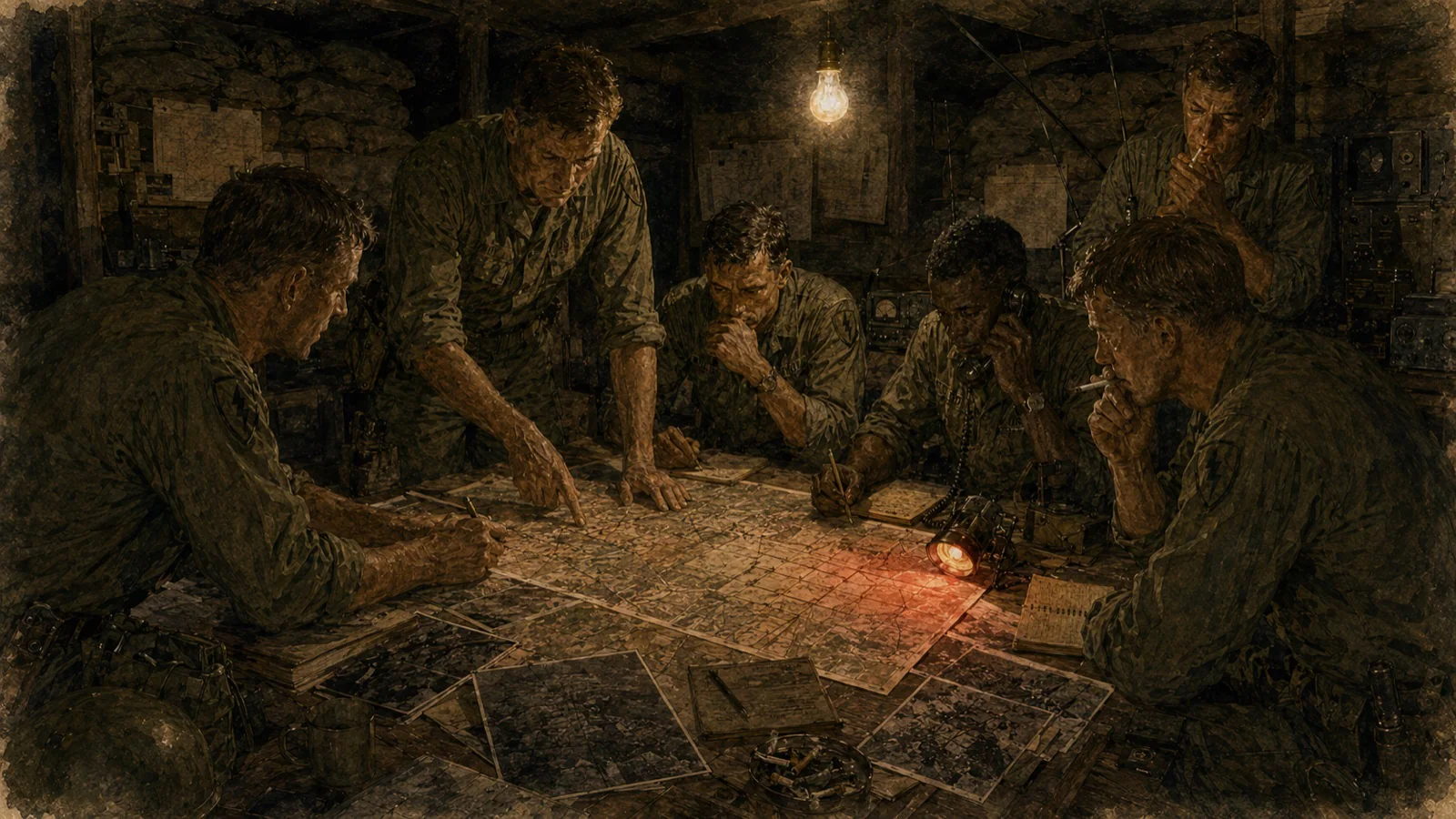 Officers work over maps and notes at a crowded nighttime planning table
