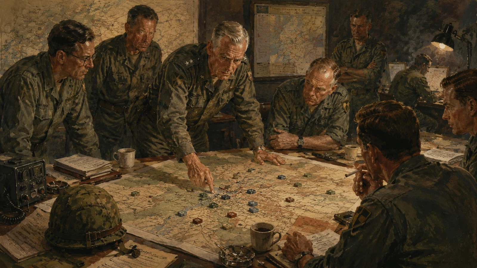 Soldiers and officers comparing maps and papers around a planning table