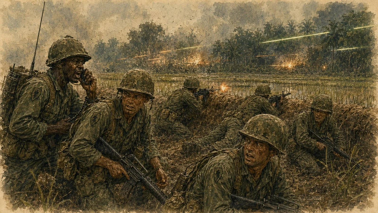 Soldiers watching a rice-field position from behind a low bank