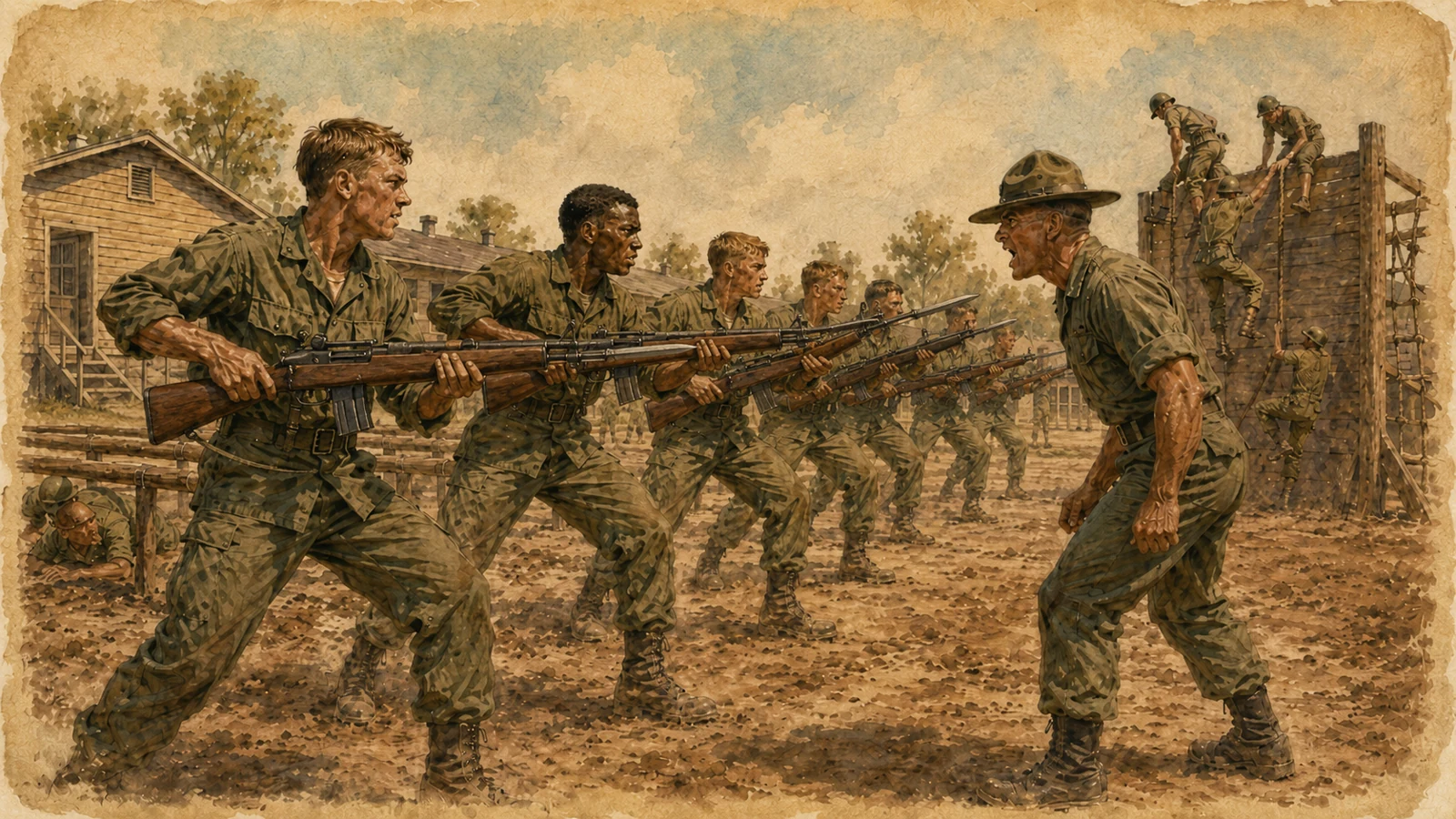 Recruits practising with rifles along a training line