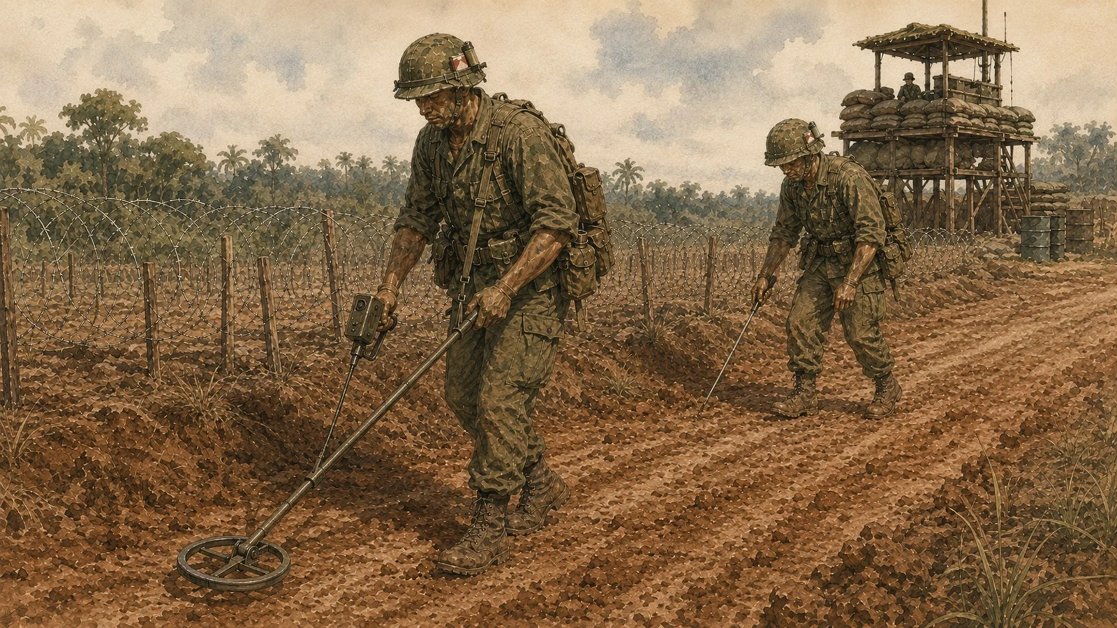 An engineer checking a track with a mine detector while another soldier watches