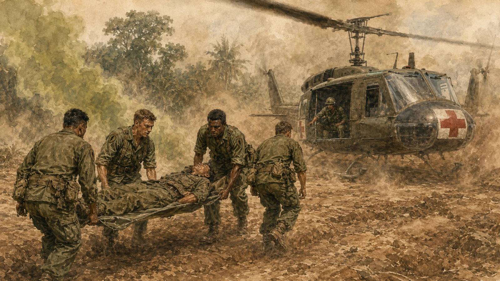 Soldiers carrying a casualty on a stretcher toward a helicopter