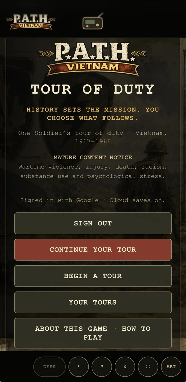 P.A.T.H.: Vietnam on a phone, showing the Tour of Duty menu with Continue Your Tour, Begin a Tour and Your Tours.