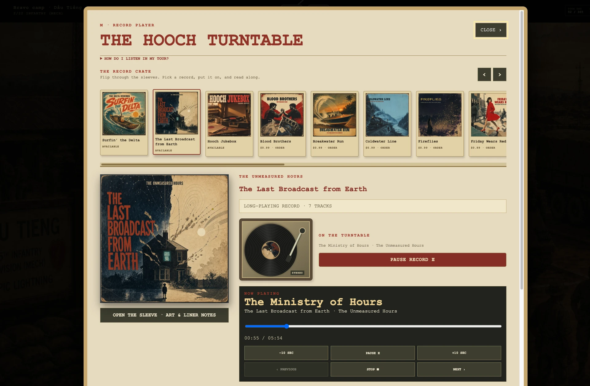 The in-game record player open over a camp scene, with sleeve art, track list and playback controls.