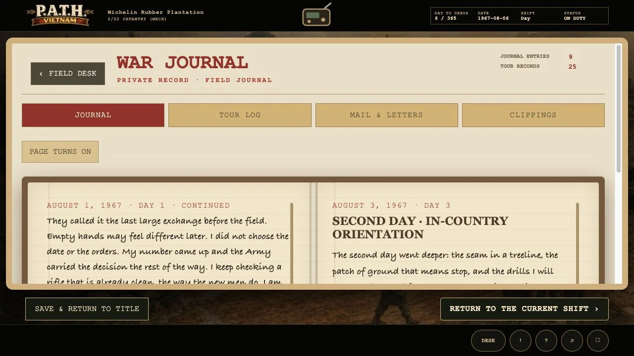 The War Journal screen from the game